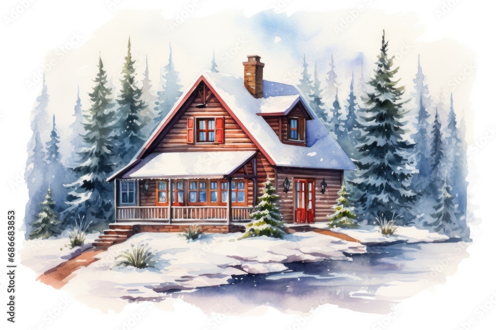 A beautiful watercolor painting of a cabin nestled in the serene woods. This artwork captures the peacefulness and tranquility of nature. Perfect for decorating homes, offices, or cabins