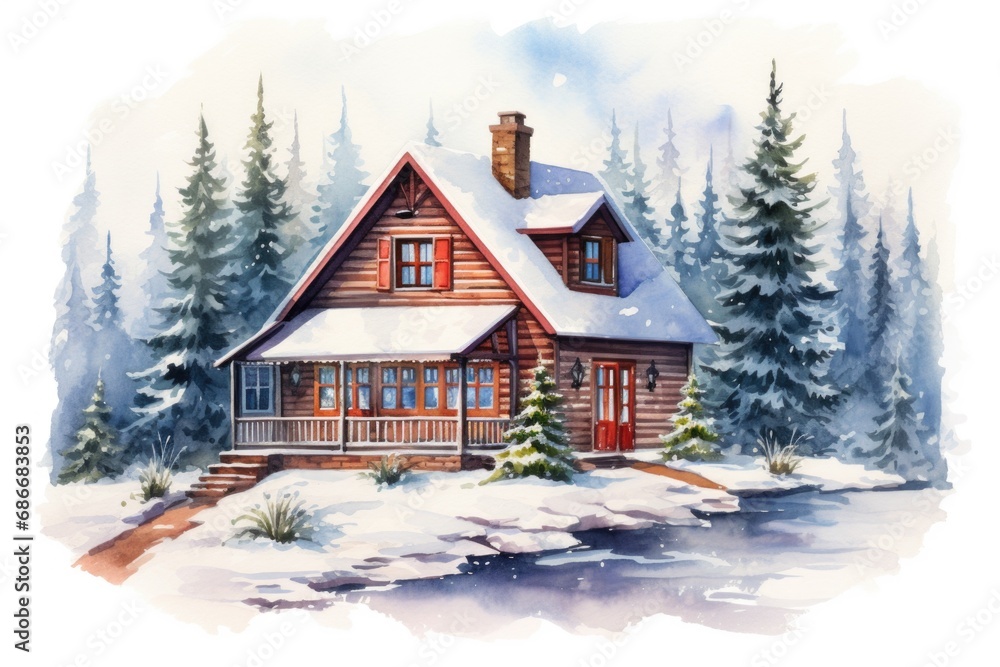 A beautiful watercolor painting of a cabin nestled in the serene woods. This artwork captures the peacefulness and tranquility of nature. Perfect for decorating homes, offices, or cabins A beautiful watercolor painting of a cabin nestled in the serene woods. This artwork captures the peacefulness and tranquility of nature. Perfect for decorating homes, offices, or cabins