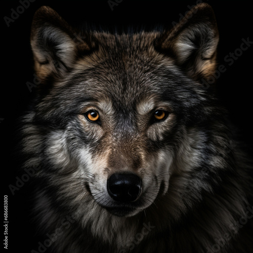 Wolf on black background closeup  ai technology