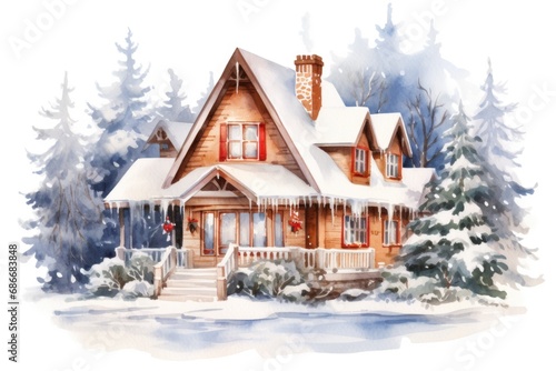 A beautiful watercolor painting depicting a house covered in snow. 