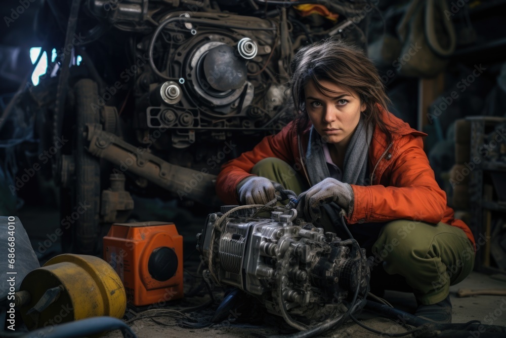 A woman is seen working on a car engine in a garage. This image can be used to depict automotive repairs or DIY car maintenance