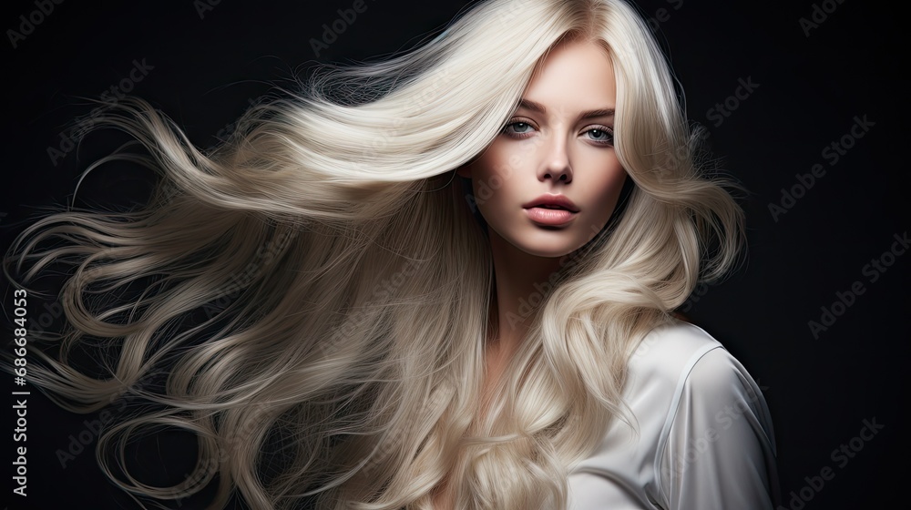 Fototapeta premium Glossy wavy white hair beautiful girl with long blond