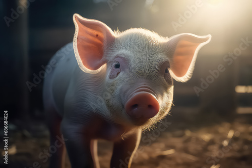 portrt of a pig in a pig farm in a neat and clean indoor livestock farm. © yurakrasil