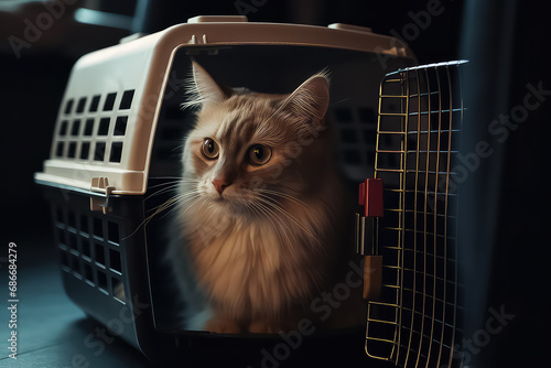 Pet carrier in the car on the seat, safe transportation of Pets.