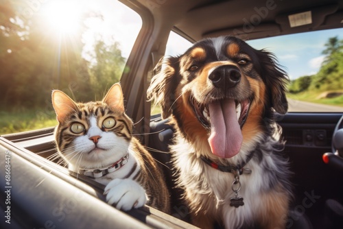 Happy dog and cat together in car, summer vocation