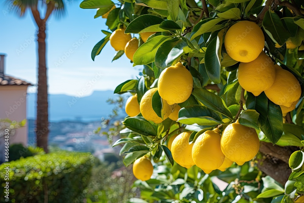 Lemons growing in a sunny garden