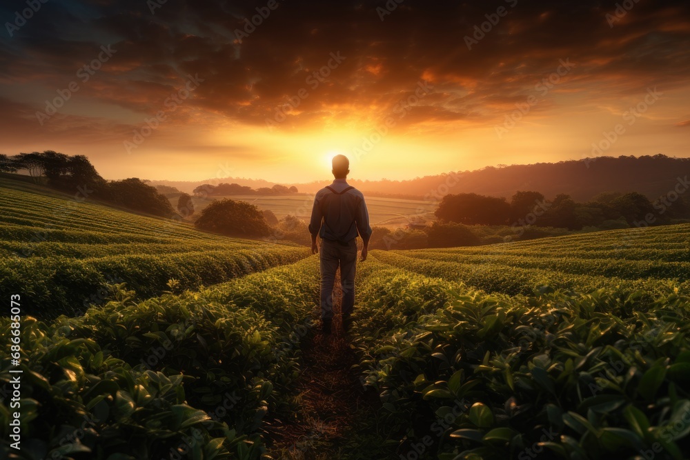 Fototapeta premium Male on coffee field at sunset