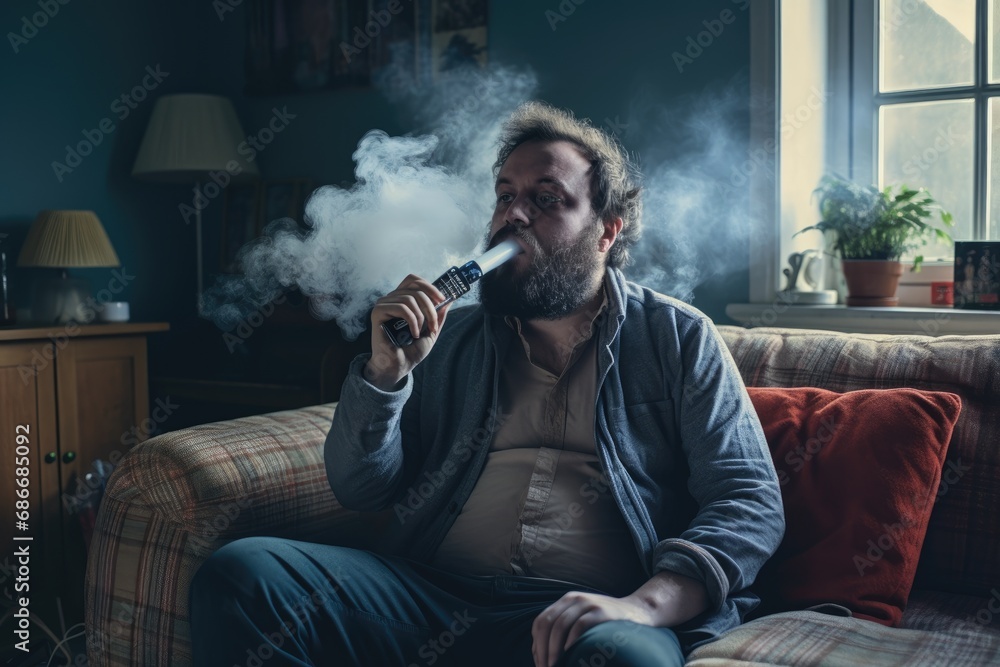 Man using asthma inhaler at home - obrazy, fototapety, plakaty 