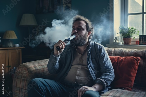 Man using asthma inhaler at home photo