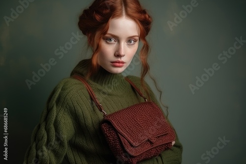 Minimal fashion modern concept of muted colors, Beautiful girl with a brown leather bag