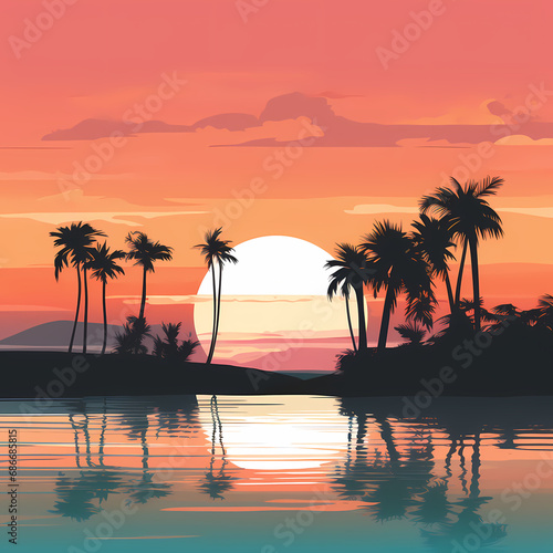 a minimalist coastal scene with a row of palm trees and a vibrant sunset © Cao
