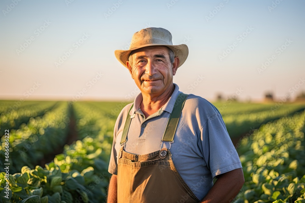 Portrait of experienced farmer standing in the soybean field Portrait of experienced farmer standing in the soybean field
