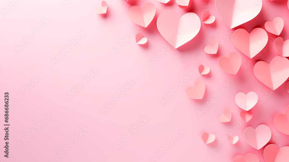Paper flying hearts on pink background. Valentines hearts postcard. Happy Women's, Mother's, Valentine's Day, birthday greeting card design