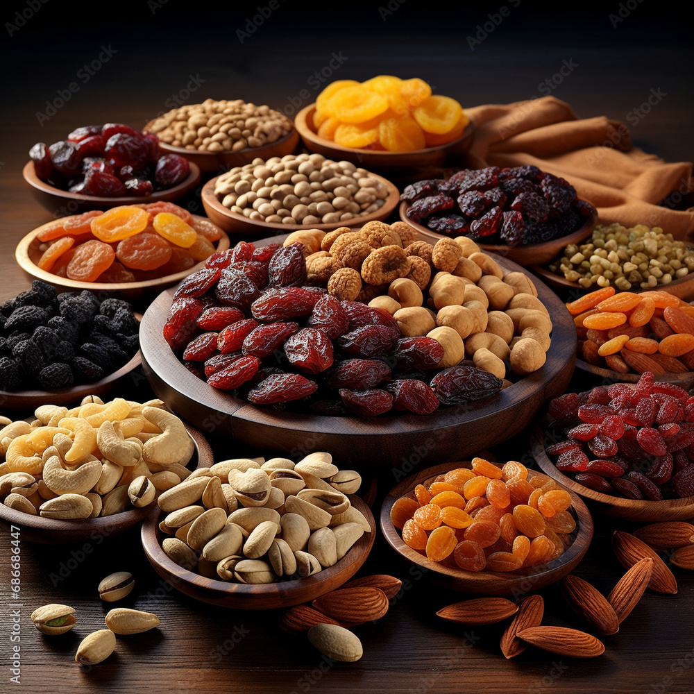 Plate of nuts and dried fruits - AI generated Plate of nuts and dried fruits - AI generated