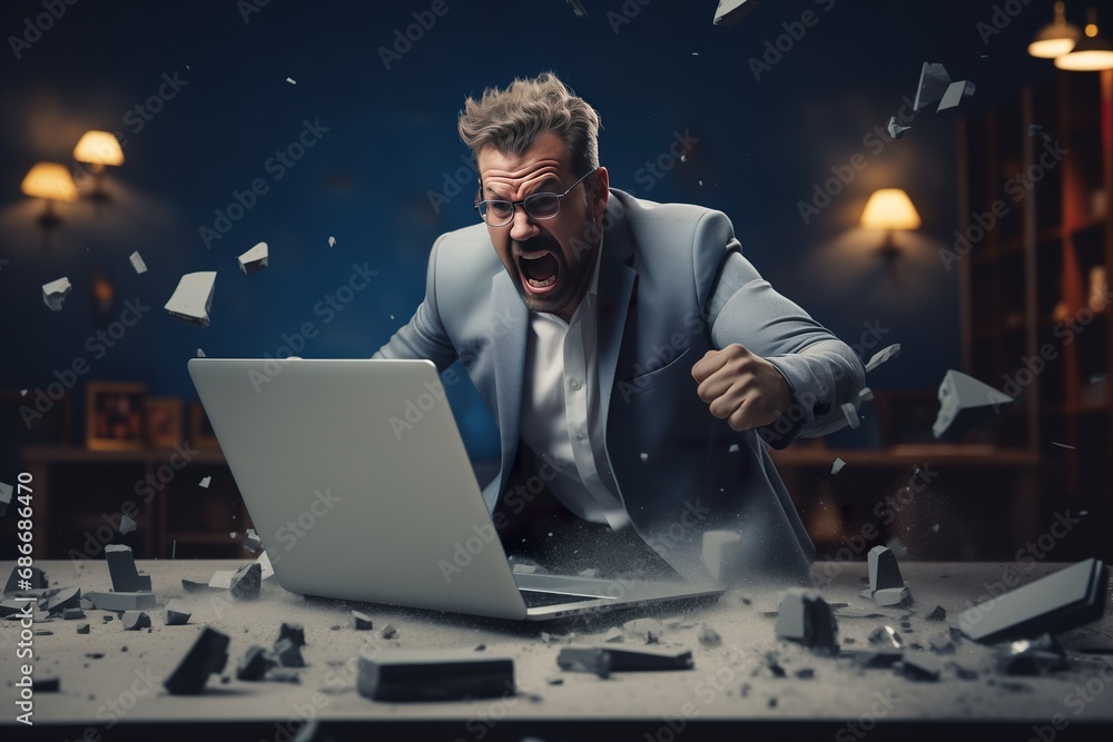 A angry businessman Throw a broken computer on the floor - obrazy, fototapety, plakaty 