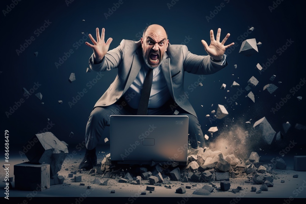 A angry businessman Throw a broken computer on the floor A angry businessman Throw a broken computer on the floor