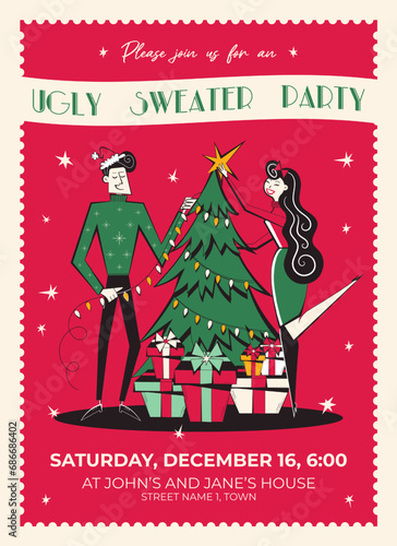 Ugly sweater party invitation. Trendy retro 60s - 70s style Christmas party poster.  Vector illustration of couple in sweaters decorating Christmas tree. 