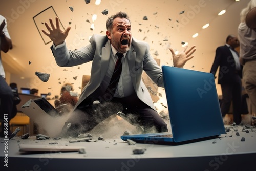 A angry businessman Throw a broken computer on the floor photo