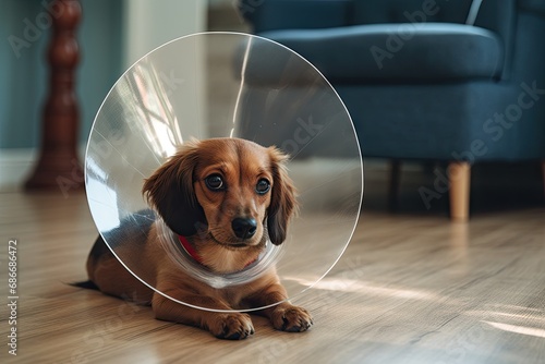 Sad dog in a vet cone at home photo