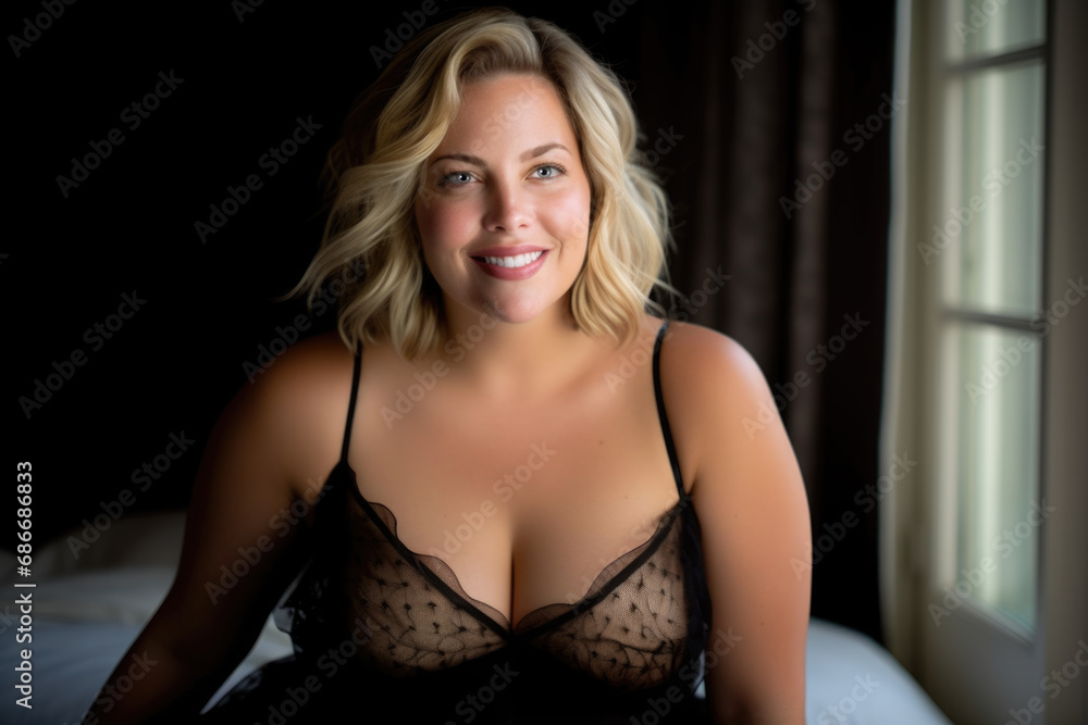 A blonde plus-sized woman in a lace bodysuit. A blonde plus-sized woman in a lace bodysuit.
