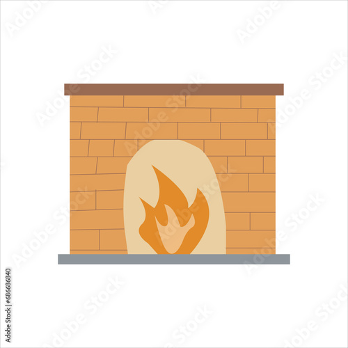 Cozy brick fireplace with firewood. Doodle of winter time aesthetic. Cartoon illustration. Single clip art isolated on white.