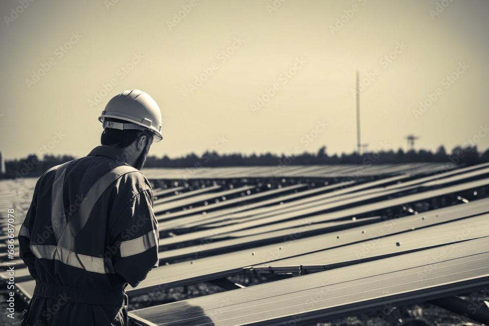 Man in hardhat standing in front of rows of solar panels.