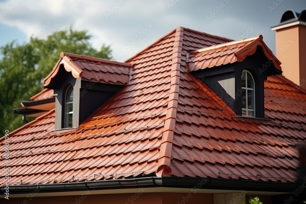 Sloped red clay tile roof with round beaver tail edge