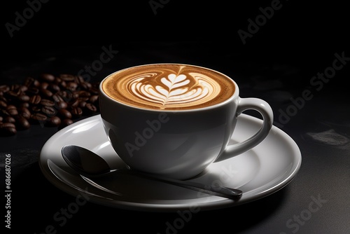 White cup of cappuccino coffee with foam and coffee beans on black background.