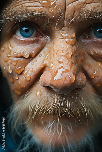 Man with beard and blue eyes has lot of water on his face.