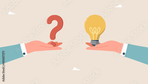 Brainstorming to solve business problems, creativity and intelligence to create new ideas and opportunities, thought process and logic to achieve goals, question mark and light bulb in hands.