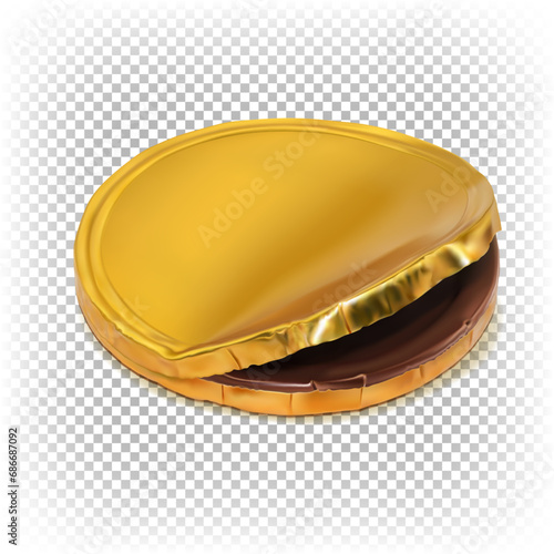 3d vector chocolate round coin in gold foil isolated on white background.