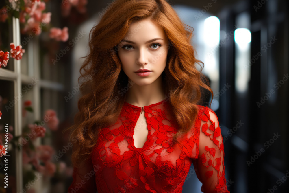 Woman with long red hair wearing red dress.