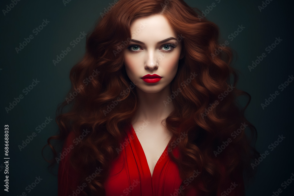 Woman with long red hair and red dress.