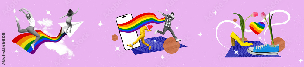 3d magazine collage image of happy people supporting lgbtq society isolated colorful pink background 3d magazine collage image of happy people supporting lgbtq society isolated colorful pink background