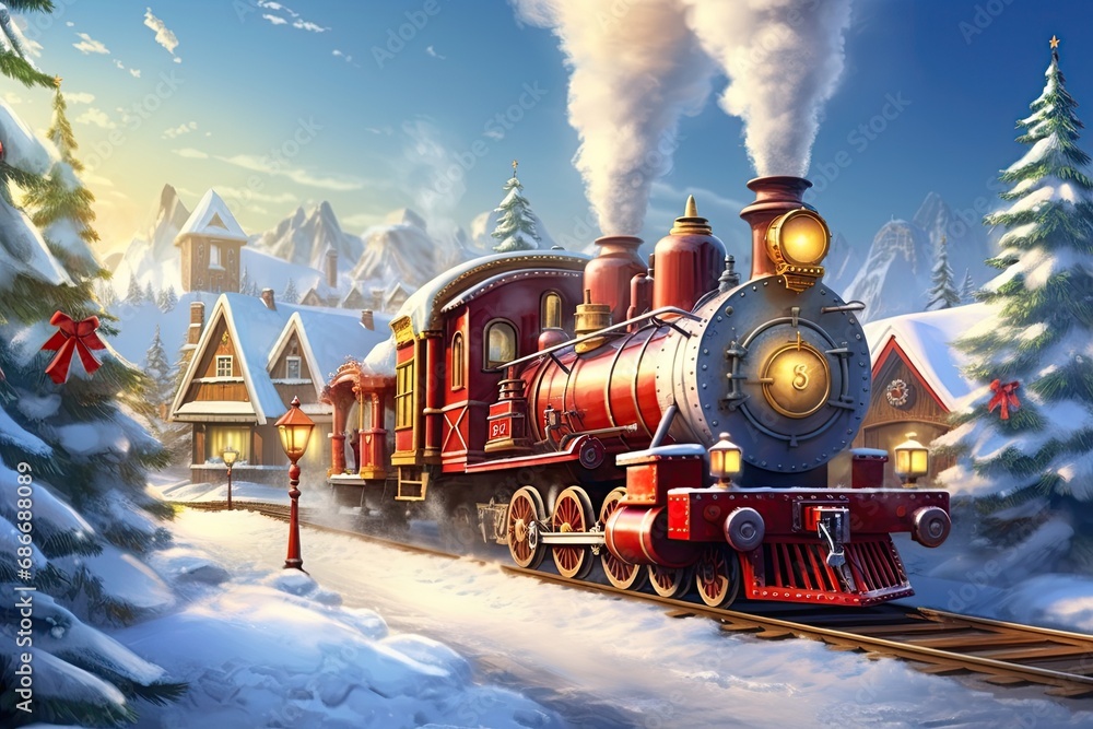 Christmas train drives through North Pole. 1800s steam locomotive in winter Landscape. Ai Generative Christmas train drives through North Pole. 1800s steam locomotive in winter Landscape. Ai Generative