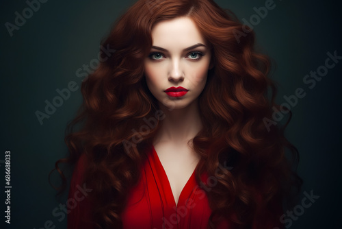 Woman with long red hair and red dress.