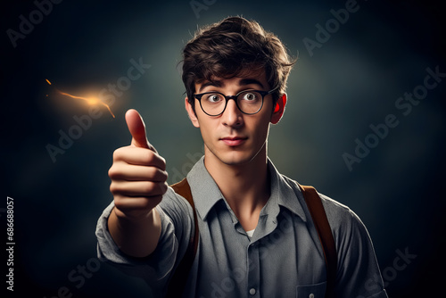 Man with glasses holding lite up finger. photo