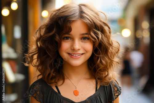 Young girl with necklace on her neck smiling. photo
