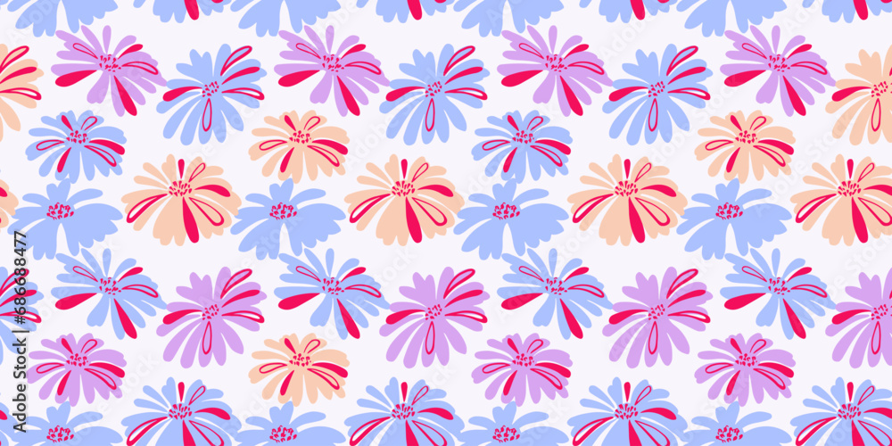 Vibrant seamless pattern with stylized flat shape flowers. Vector hand drawn sketch doodle. Simple cartoon floral print. Design for fashion, fabric, wallpaper. Vibrant seamless pattern with stylized flat shape flowers. Vector hand drawn sketch doodle. Simple cartoon floral print. Design for fashion, fabric, wallpaper.