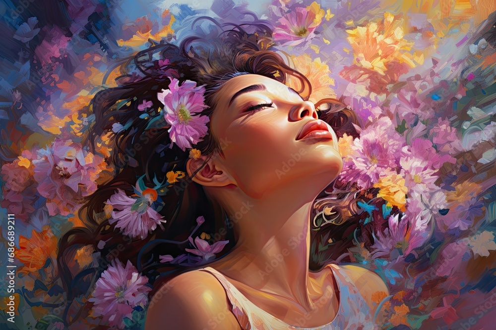 Young woman with eyes closed in profile amidst colorful flowers