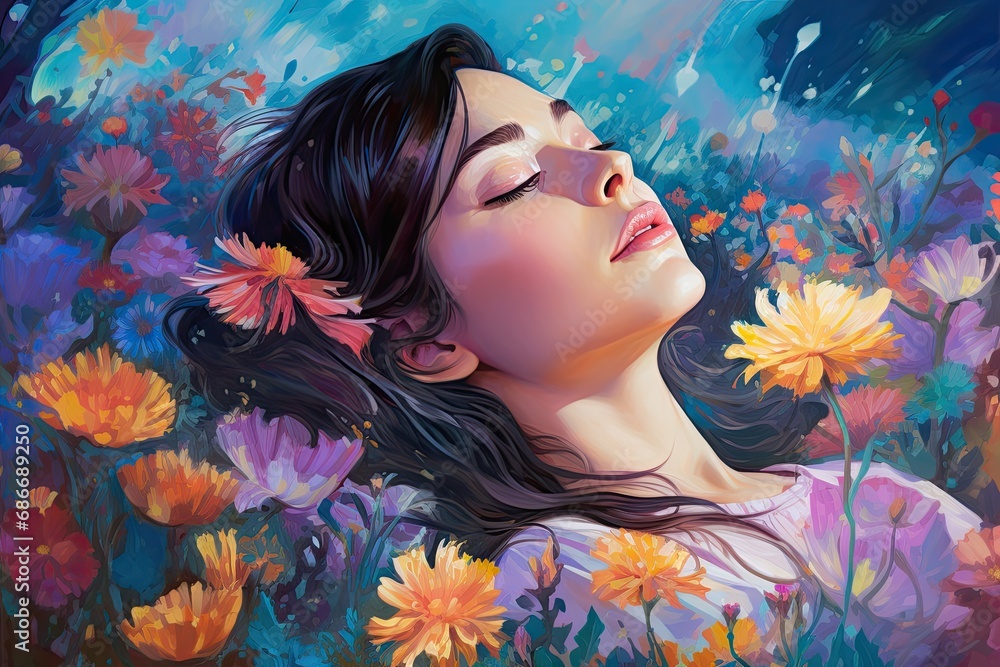 Young woman with eyes closed in profile amidst colorful flowers