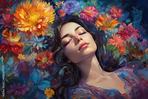 Young woman with eyes closed in profile amidst colorful flowers