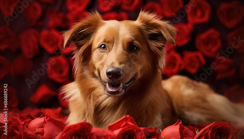 Happy dog with roses, valentine's day concept © yurakrasil