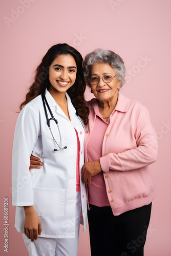 Doctora latina con paciente de edad madura, mujeres latinas con color rosa sobresaliente photo