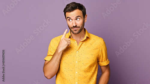 Photo of thoughtful dreamy man dressed yellow shirt pointing one thumbs looking away isolated on purple color background. 