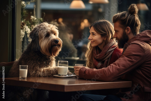 A couple in a cafe with a dog.