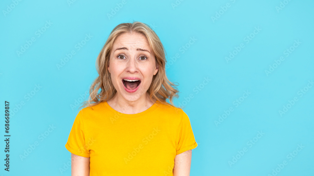 Despair young woman scream loud, looking at camera with terrified Despair young woman scream loud, looking at camera with terrified