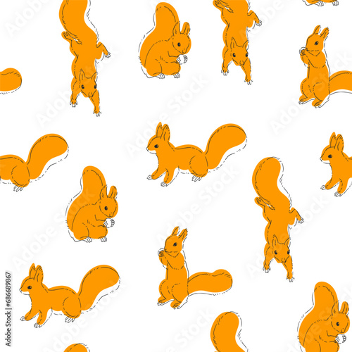 Vector seamless pattern with cute squirrel isolated on white. Hand drawn texture with animal characters in sketch style.