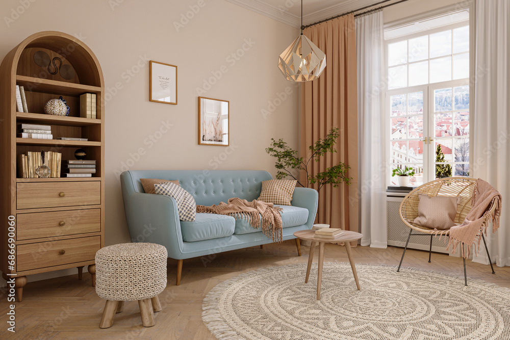 Fototapeta premium Cozy home interior in light pastel colors with blue sofa, wood furniture and beautiful decor. Wall mockup, 3d rendering