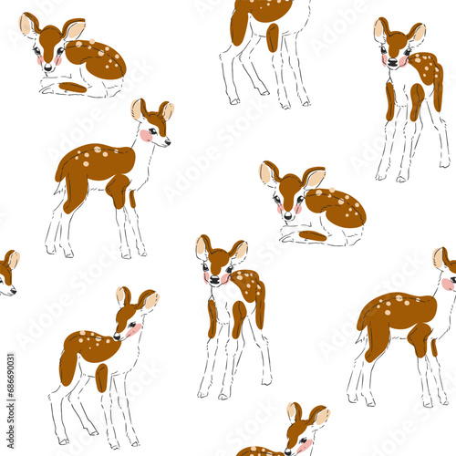 Vector seamless pattern with cute little deer isolated on white. Hand drawn texture with fawns in sketch style.